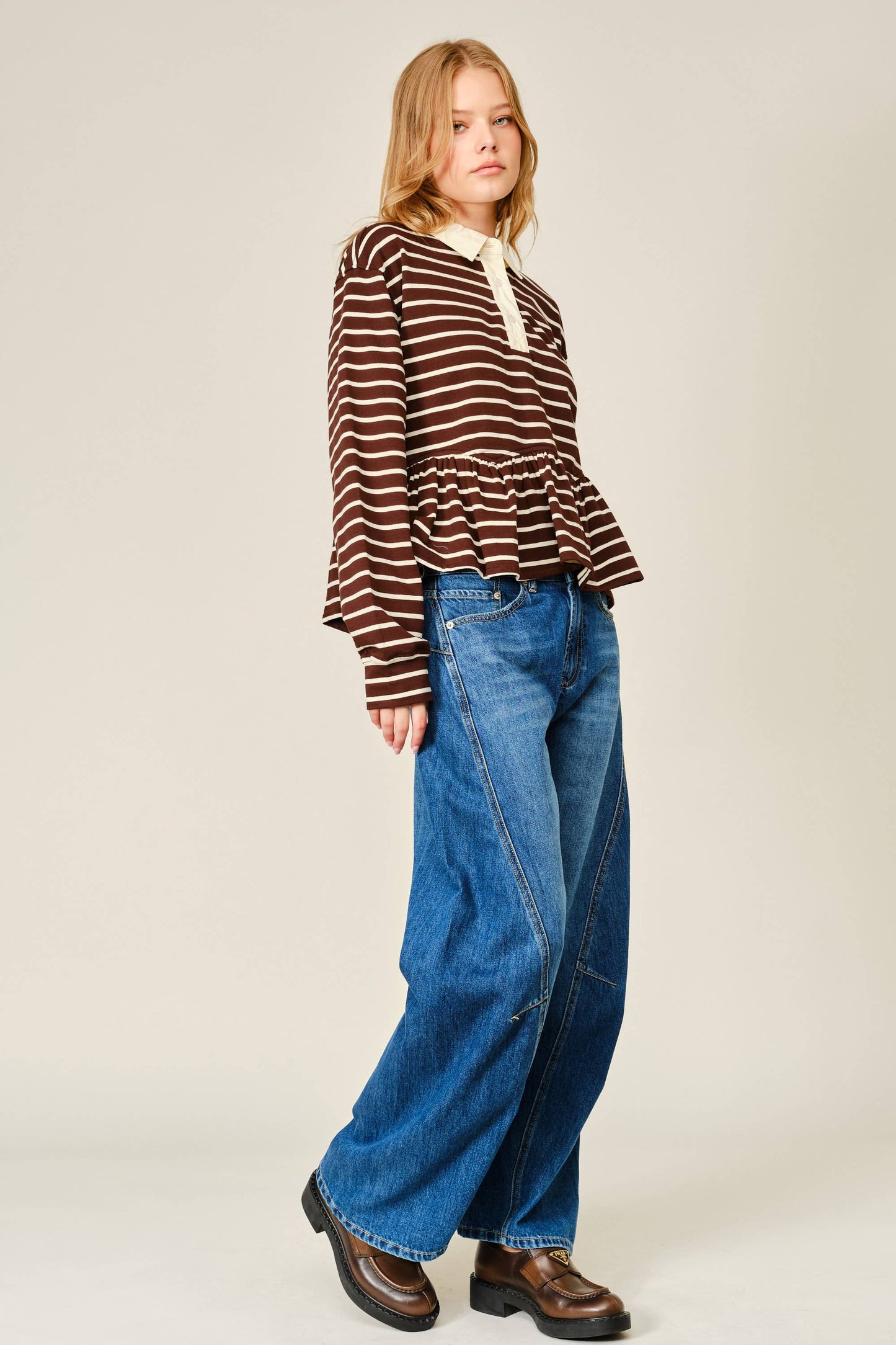 Flare Polo Sweatshirt Brown Stripes