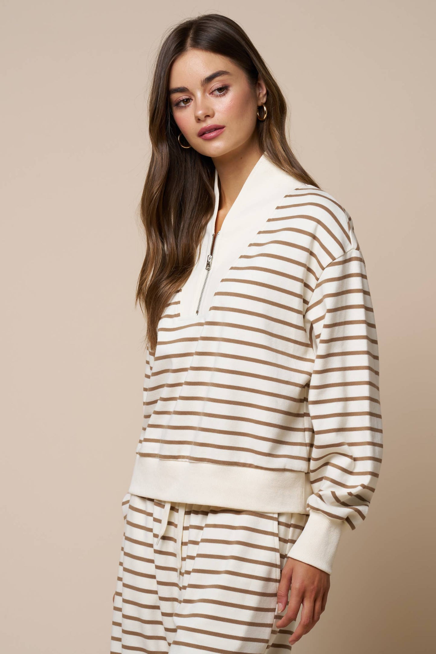 Stripe Have Zip-Up Contrast Sweatshirt - Olive/Navy