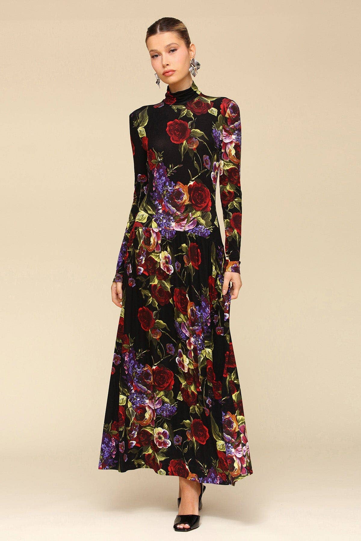 Dark Floral Drop-Waist Maxi Dress - Dark Portofino Rose