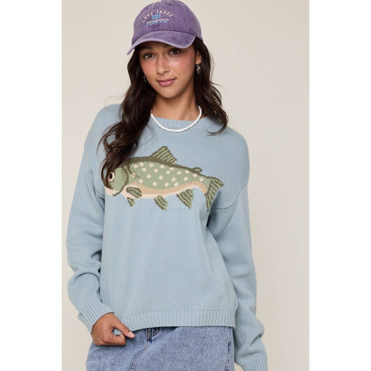 Cotton Crewneck Fish Sweater - Sky Blue