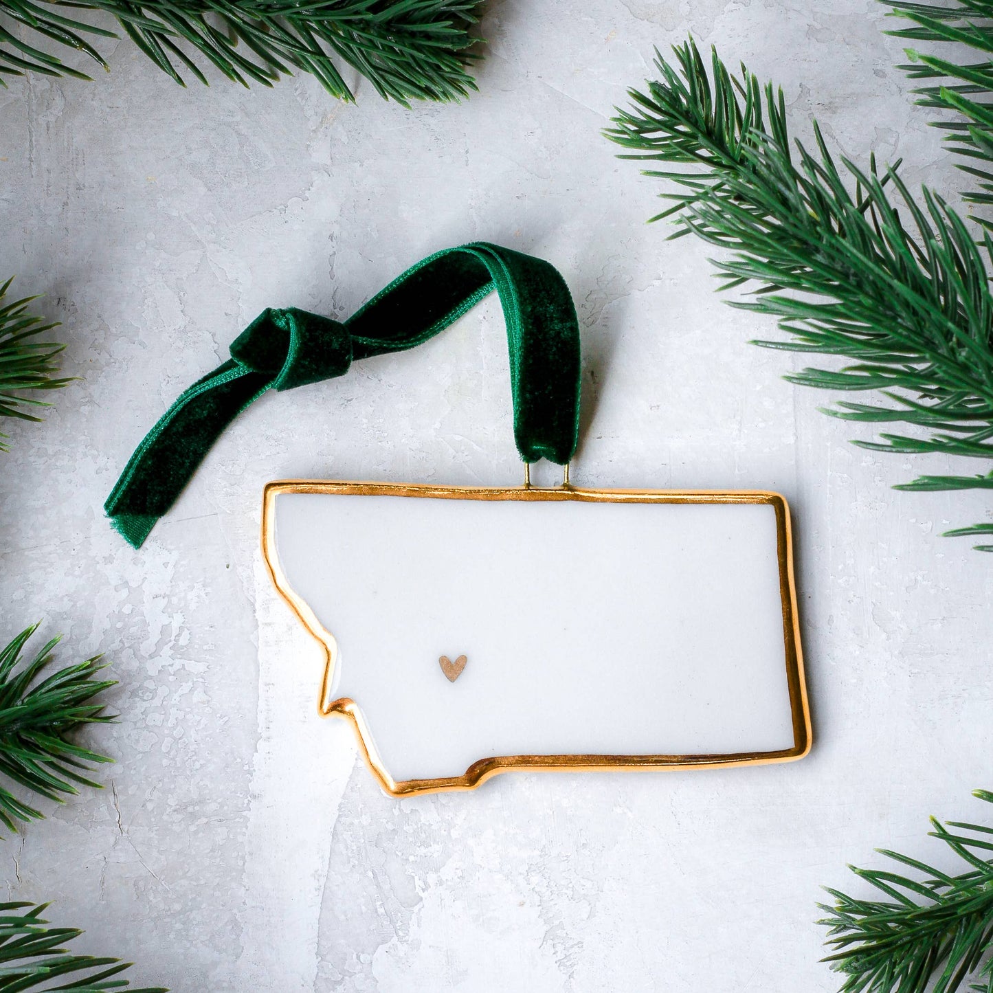 Handmade Porcelain State Ornaments with Gold Heart - Green / Rhode Island
