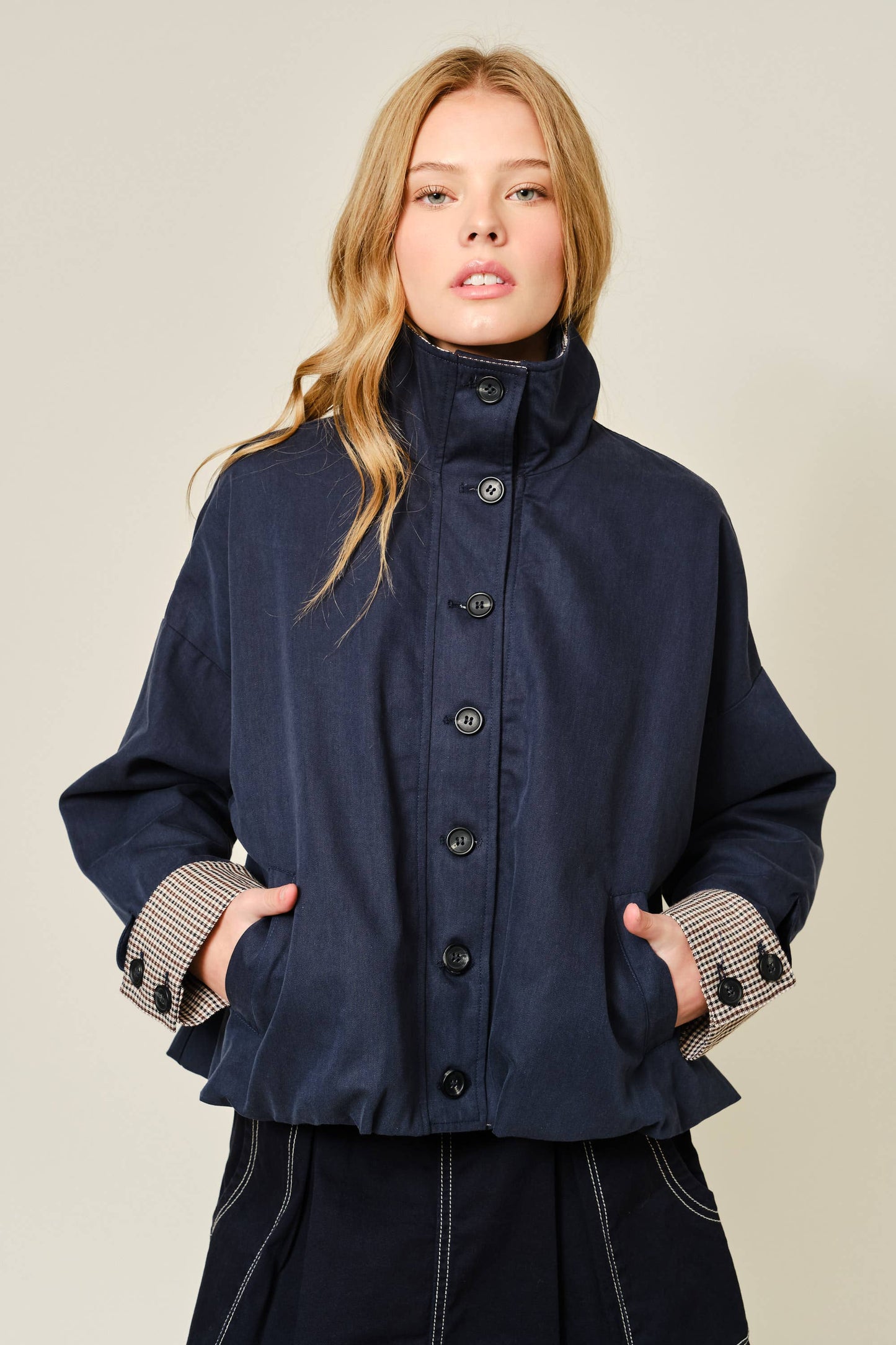 Oversized Bomber Jacket with Plaid Detail