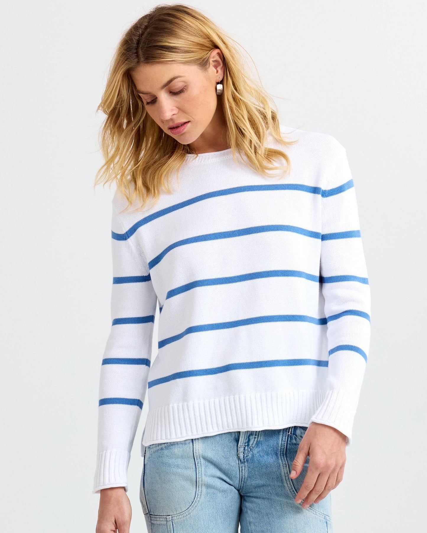 Everyday Cotton Crew - White with French Blue Stripes