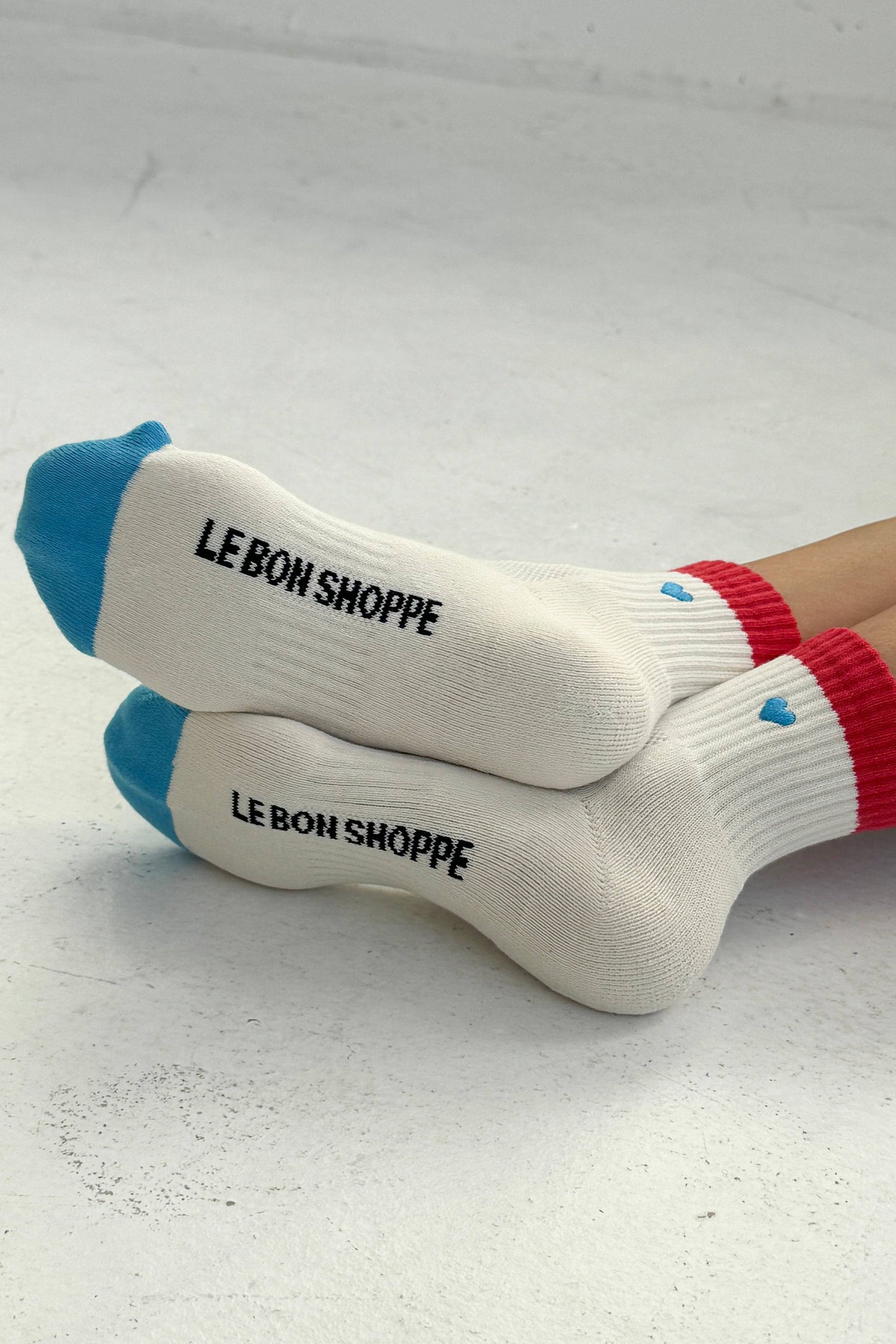 Embroidered Color Block Girlfriend Socks - Blue, Red + Heart