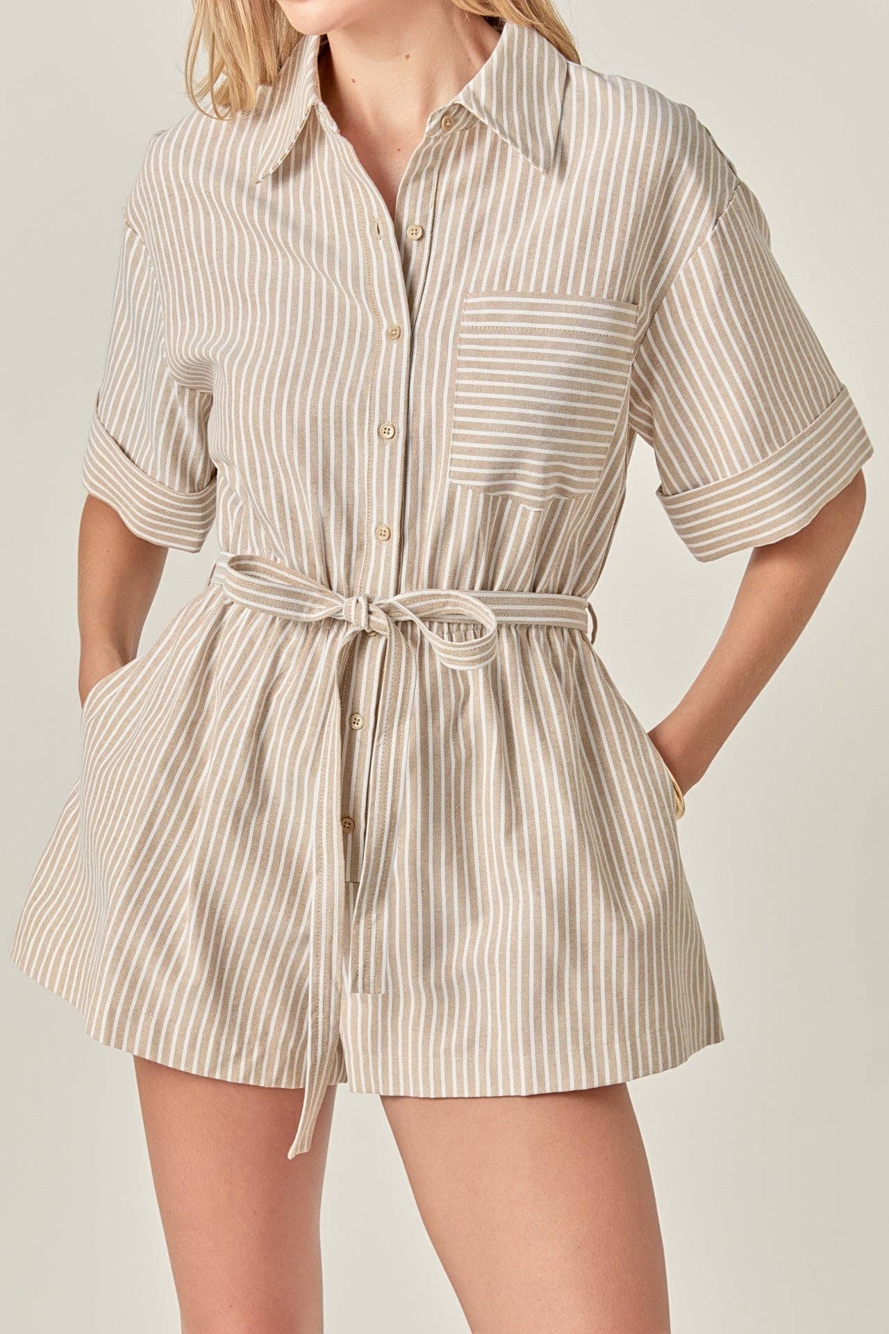 The Elise Oxford Stripe Romper - Tan Stripe - English Factory