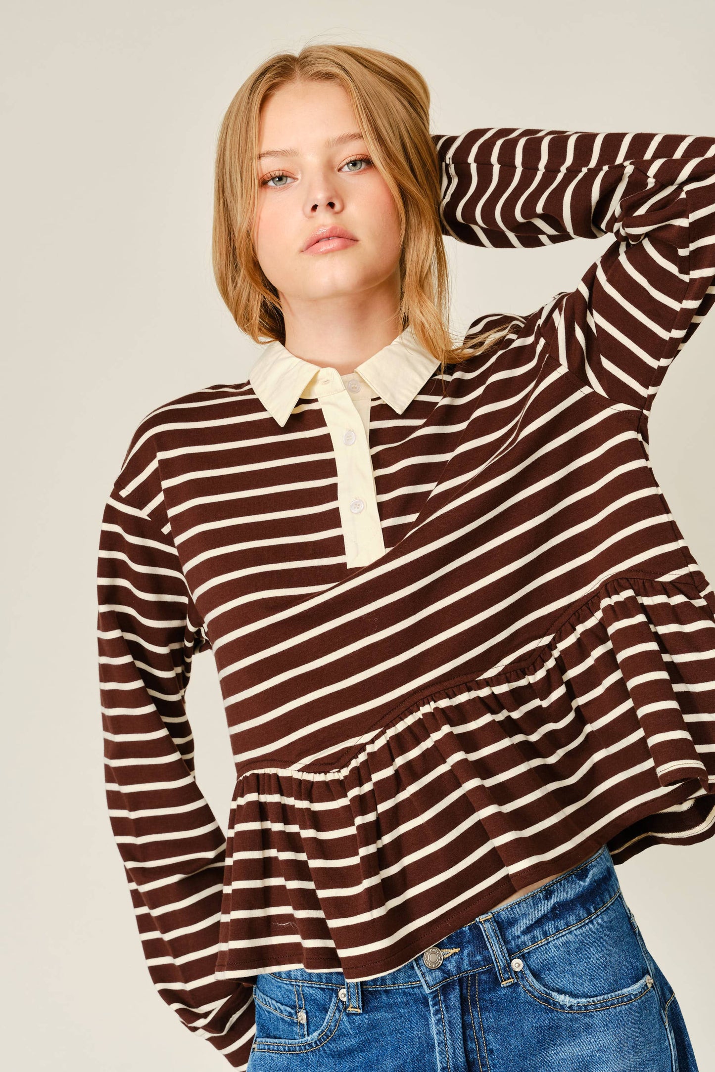 Flare Polo Sweatshirt Brown Stripes