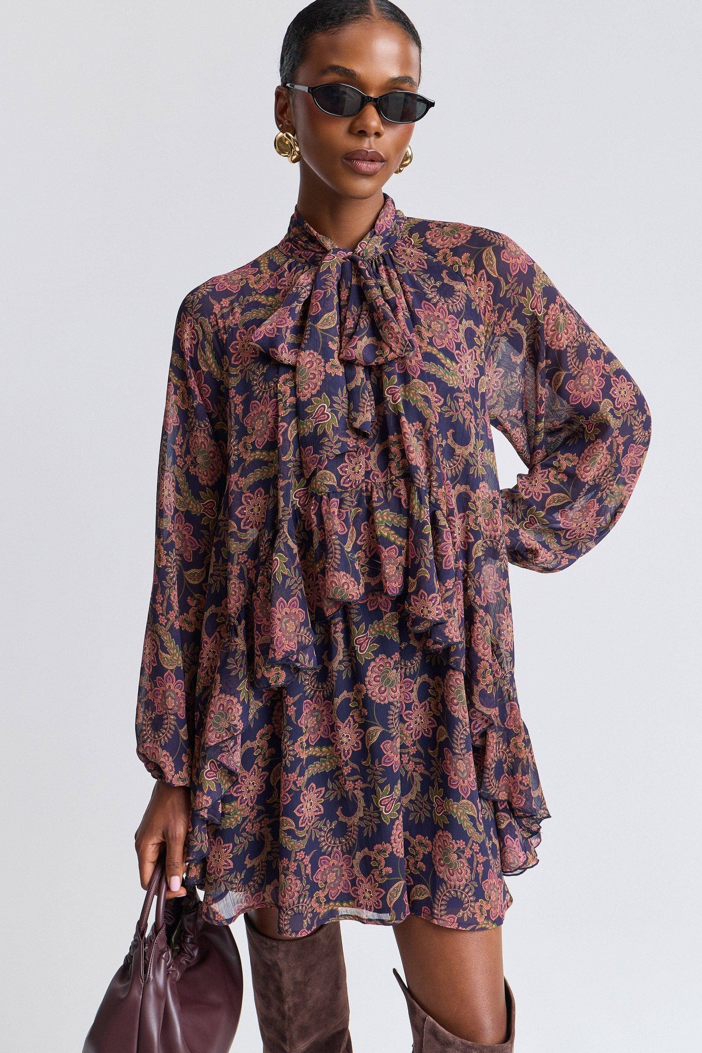 Paisley Chiffon Ruffle Mini Dress - Navy Paisley Garden