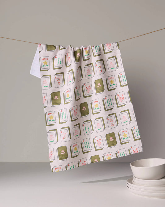 Flower Tiles Tea Towel - Mahjong - White