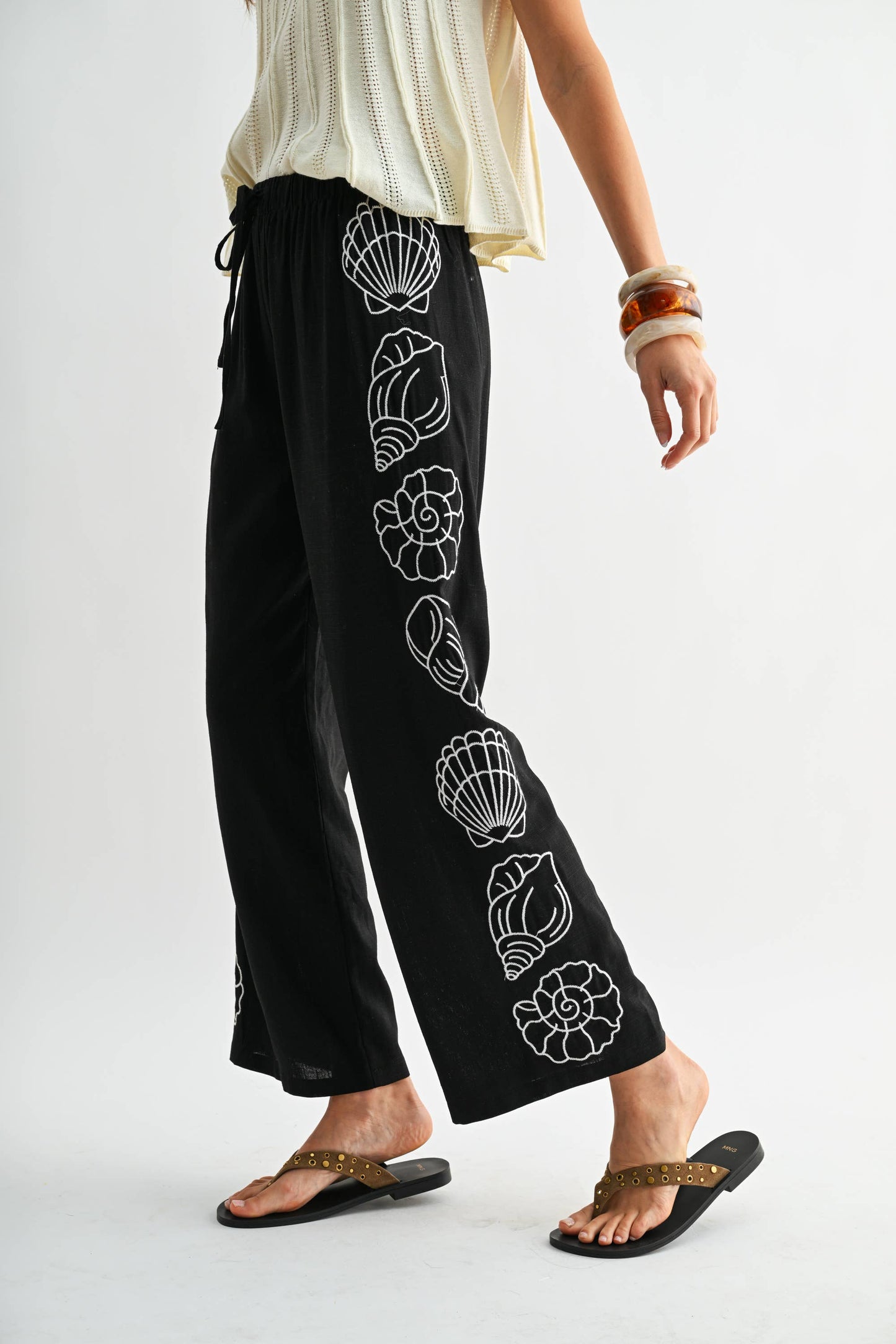 Wide Leg Pants - White Seashell Embroider