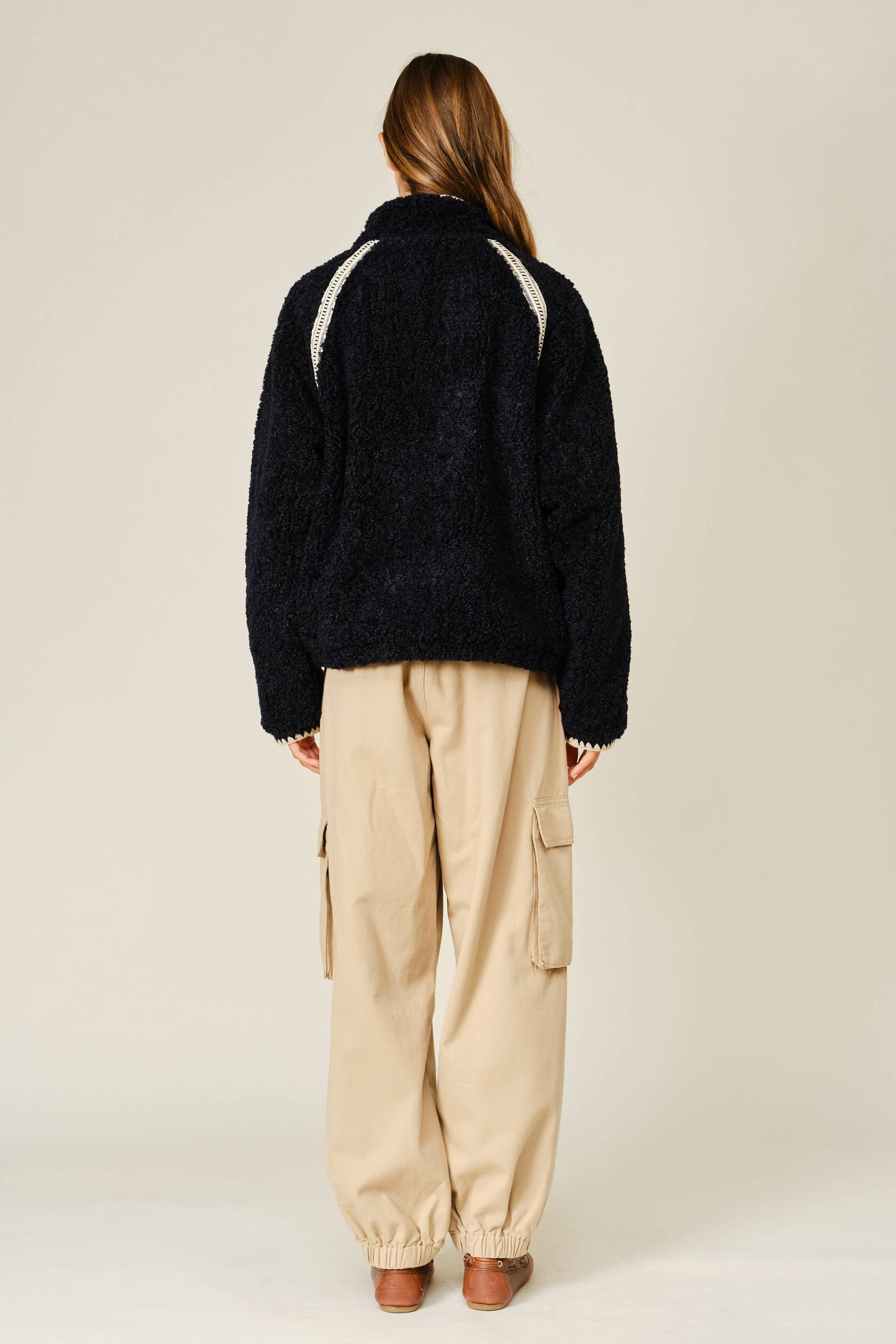 Embroidered Line Soft Teddy Fleece - Dark Navy