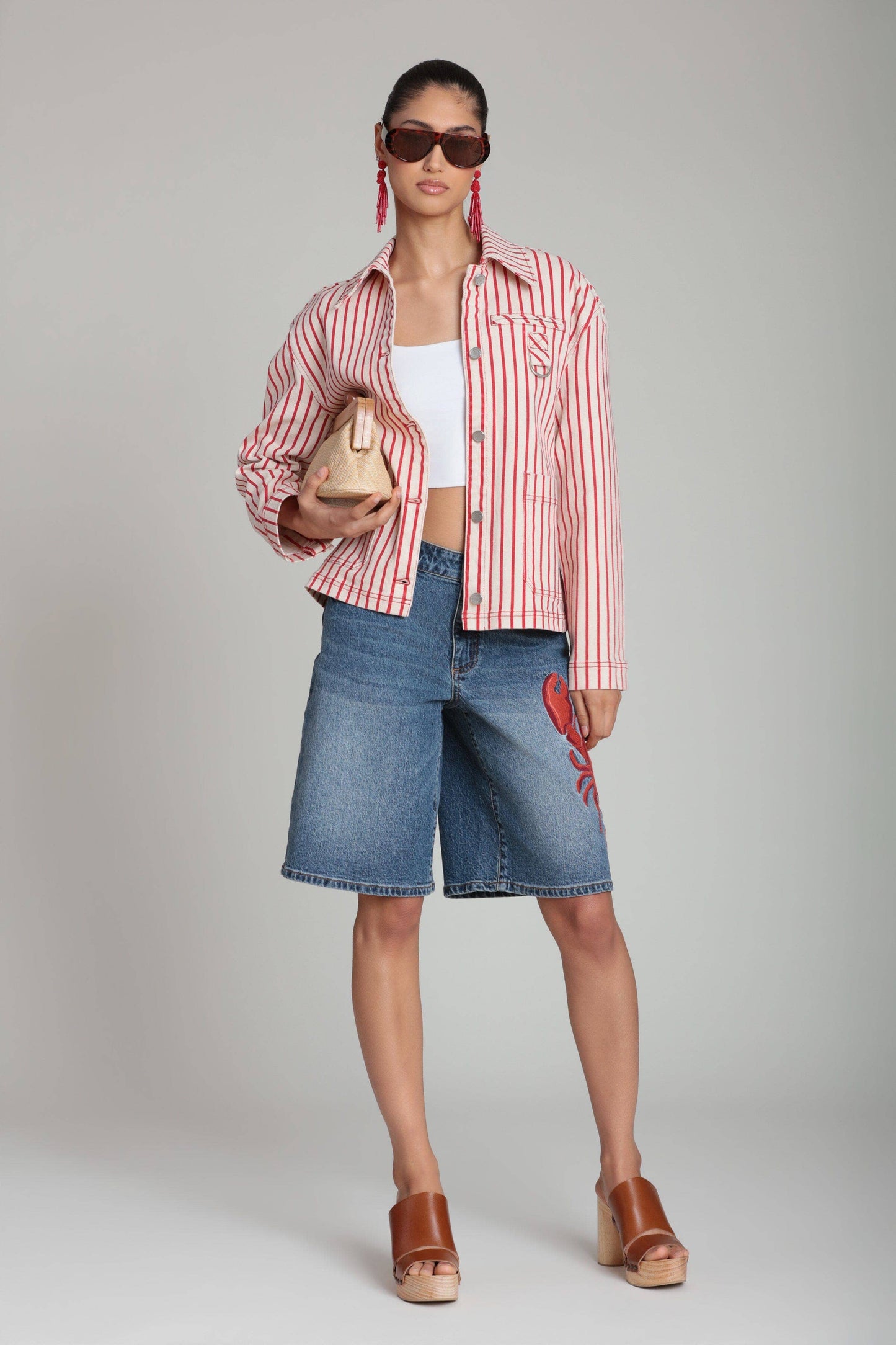 Striped Stretch Cotton Chore Jacket - Cream/Red Stripe