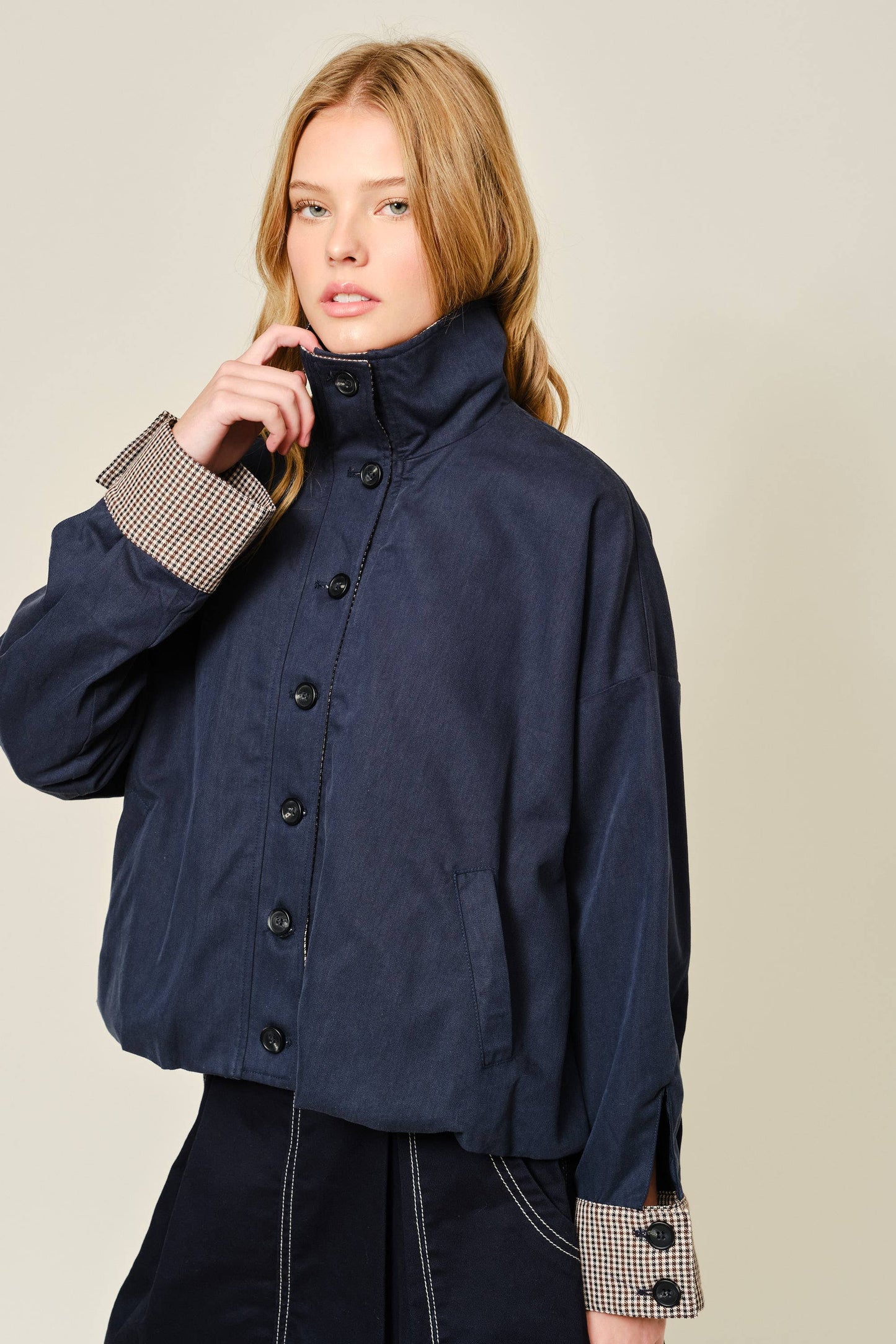 Oversized Bomber Jacket with Plaid Detail