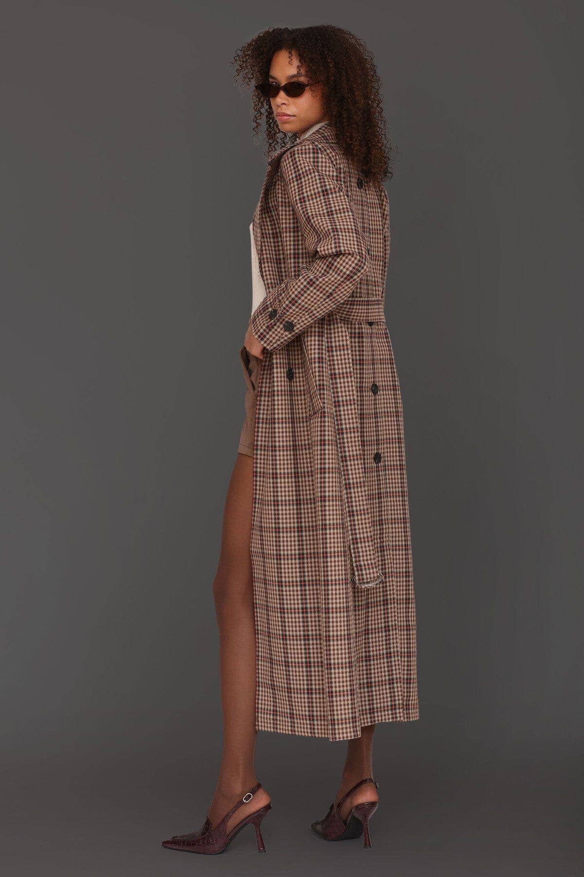 Plaid Belted Maxi Trench Coat - Brown/Orange