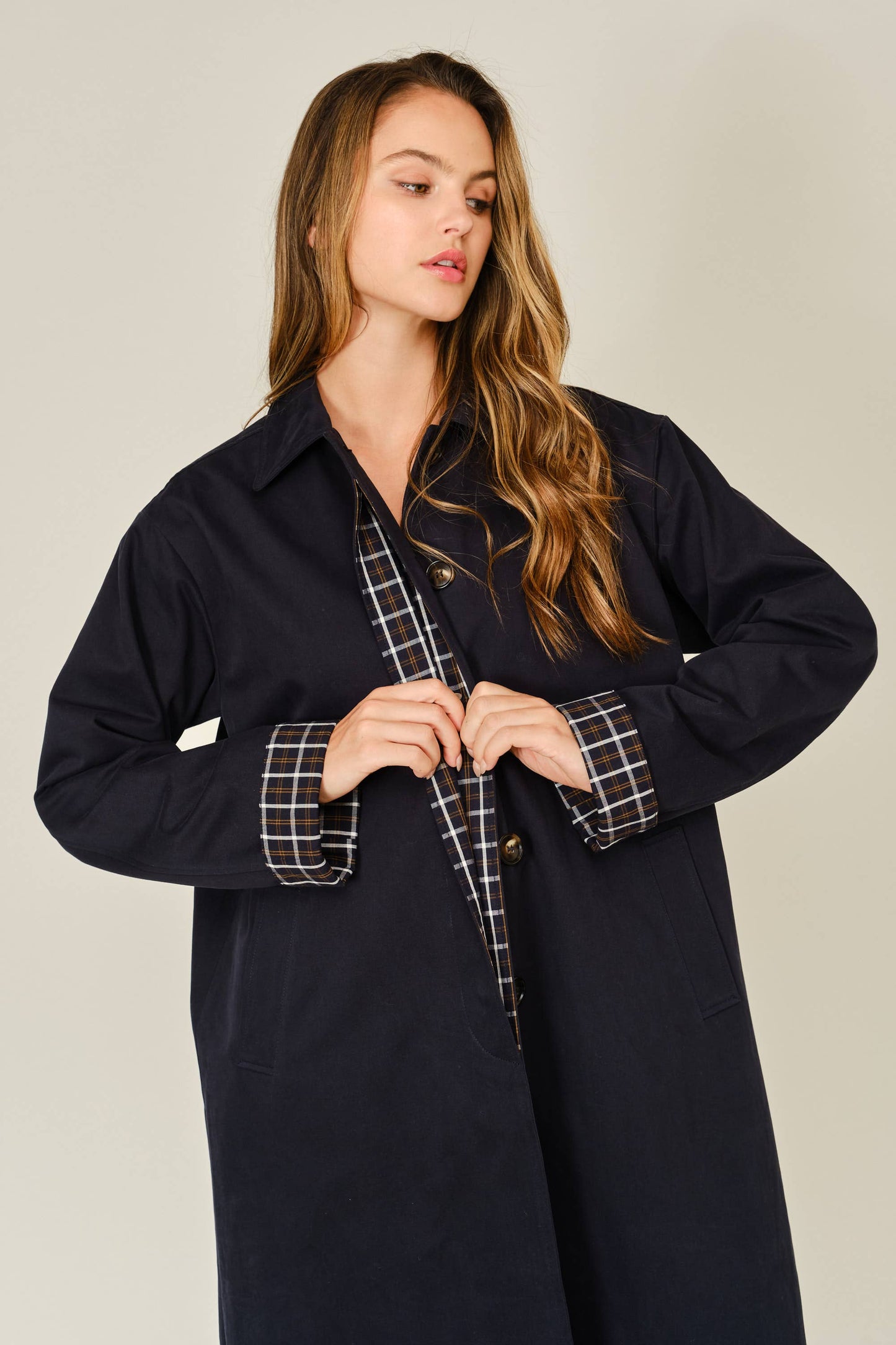 Detachable Scarf Button Down Jacket - Navy