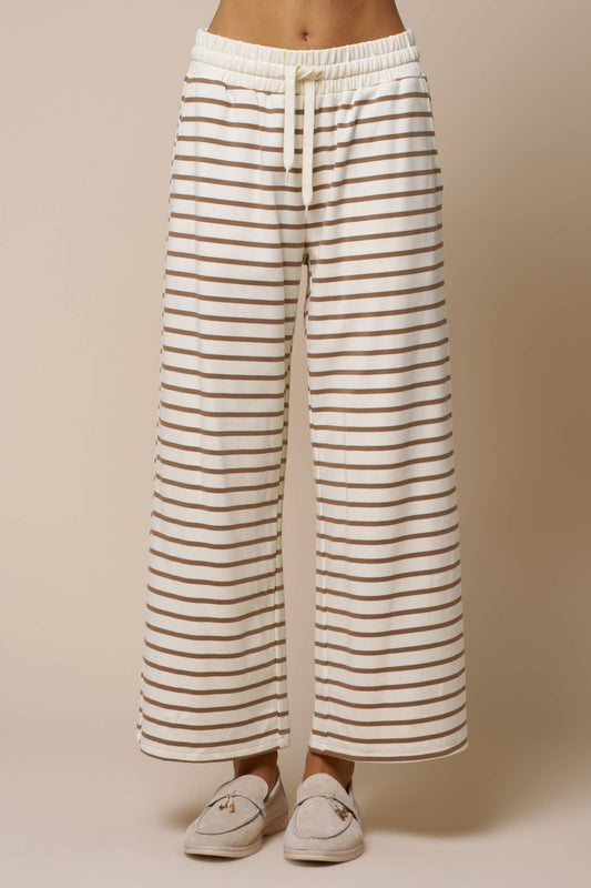 Stripe Drawstring Wide Leg Knit Pants - Cream/Taupe