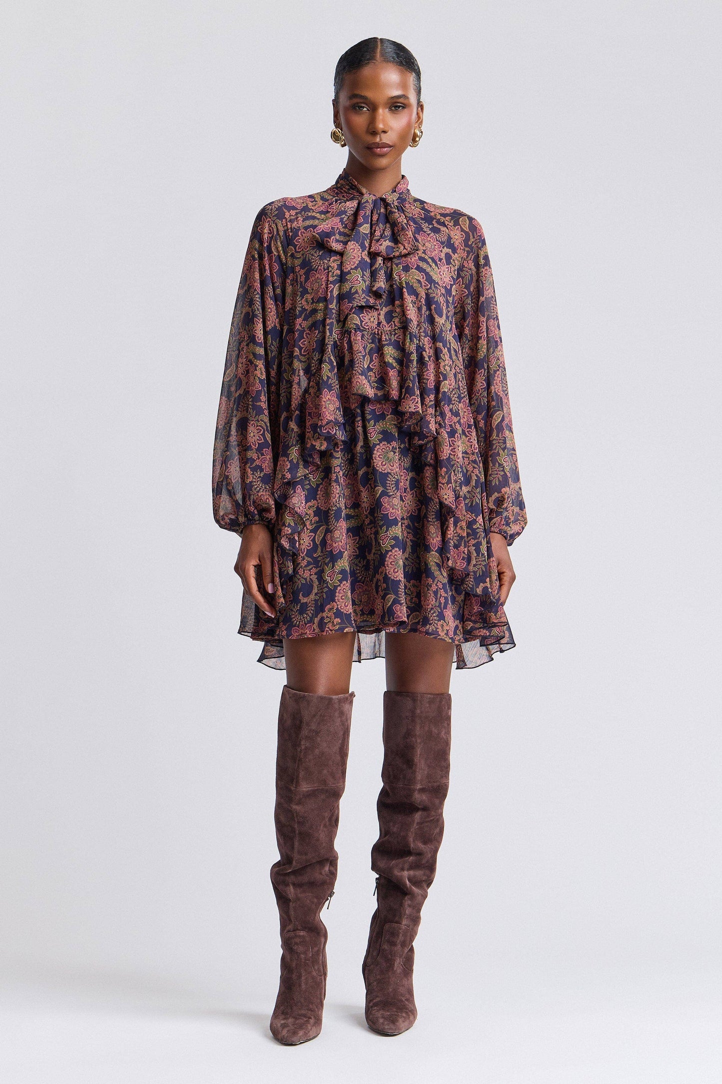 Paisley Chiffon Ruffle Mini Dress - Navy Paisley Garden