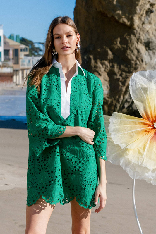 Floral Embroidery Mini Shirt Dress - Green