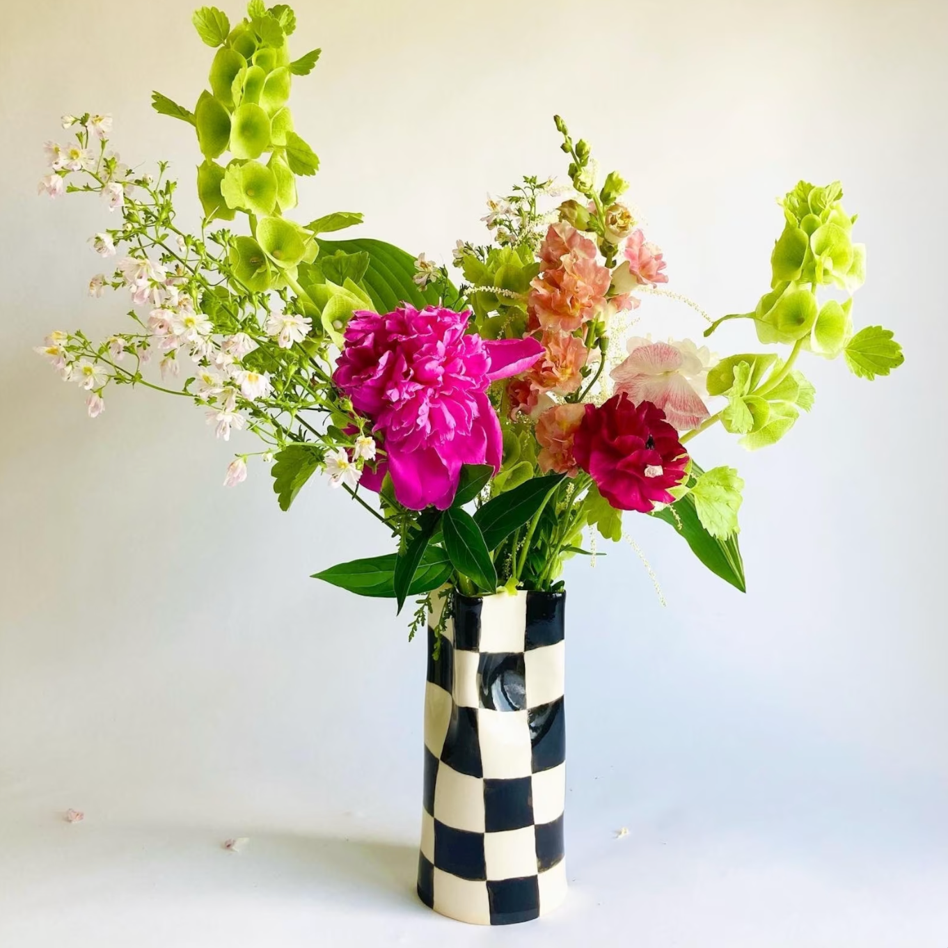 Ceramic Pinched Vase with Checkers - Black - 4 SIZES