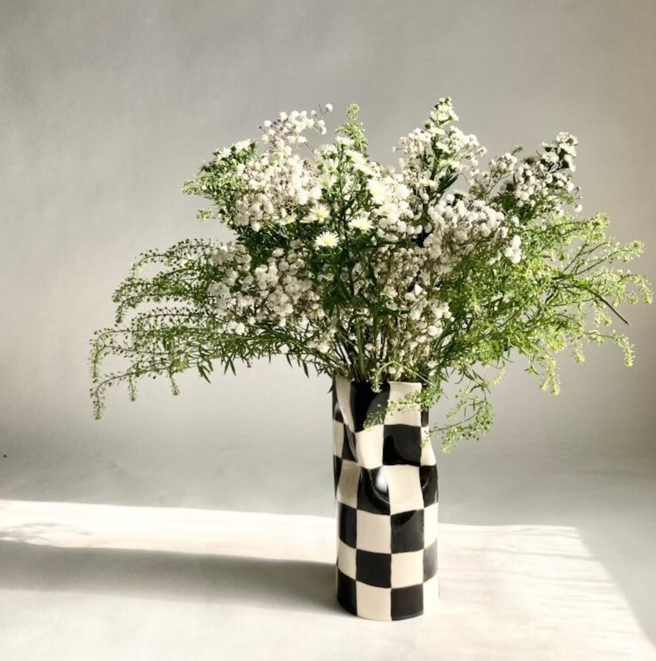 Ceramic Pinched Vase with Checkers - Black - 4 SIZES